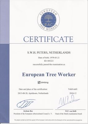 peters bomenservice, beek, limburg, certificaat, european tree worker